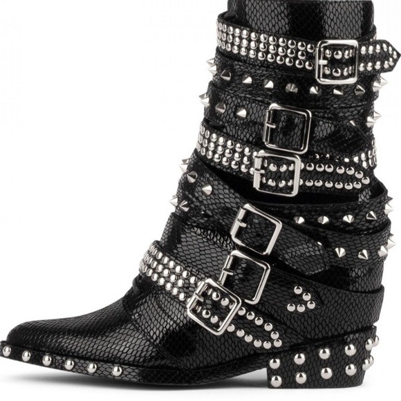 🆕JEFFREY CAMPBELL DRACO STUD WEDGE MOTO BOOTS BLACK SHINY SNAKE SILVER SIZE 7.5 - Picture 6 of 13